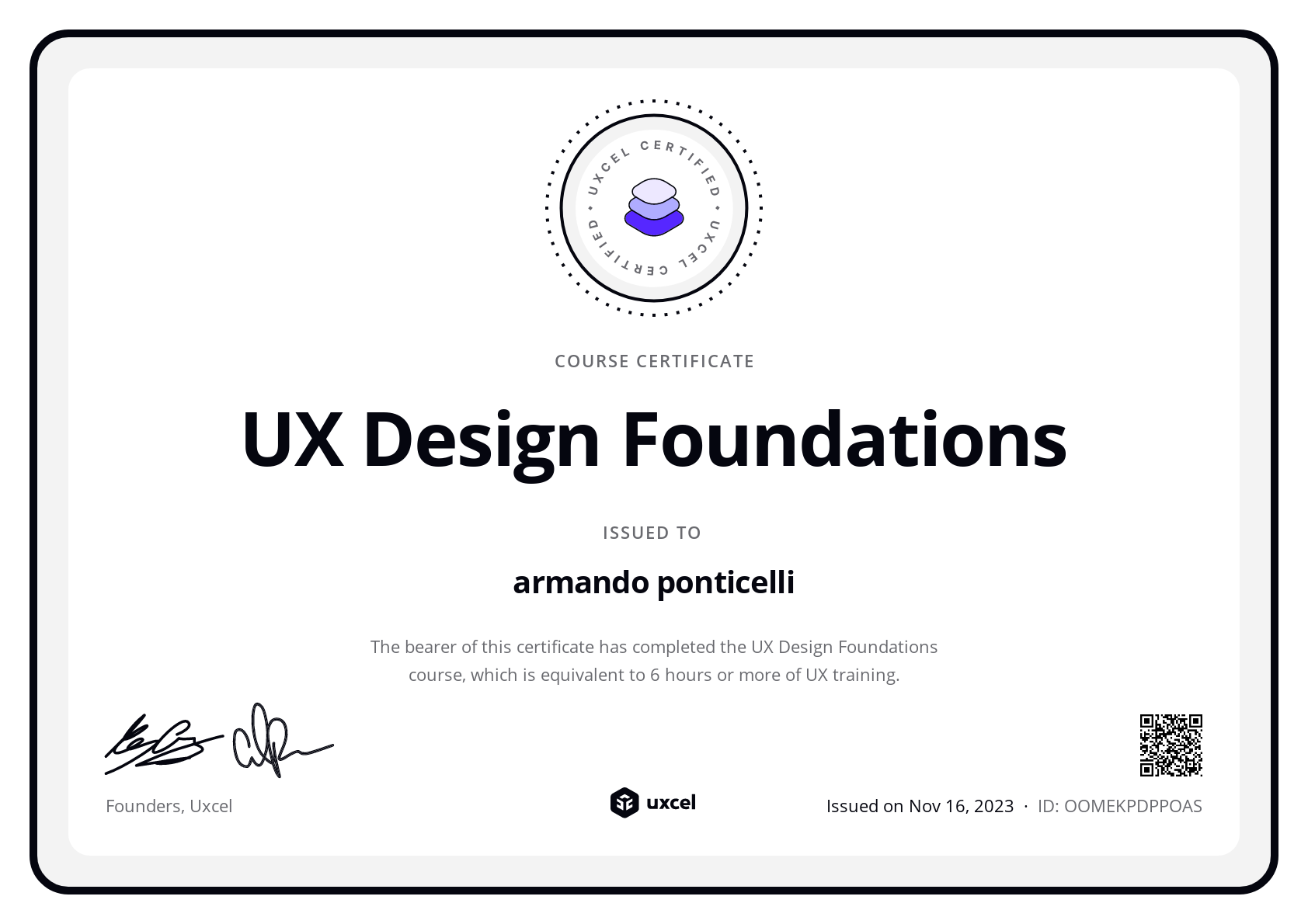 armando ponticelli's certificate